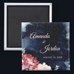 Starry Night Floral Wedding Magnet<br><div class="desc">This Starry Night Floral wedding magnet inspires either a midnight summer theme or a dark winter of snow theme, making it a seasonally versatile design. The navy blue, almost black, watercolor with a celestial star or snowflake filled sky, combined with the pop of minimal pink flowers and calligraphy is sure...</div>