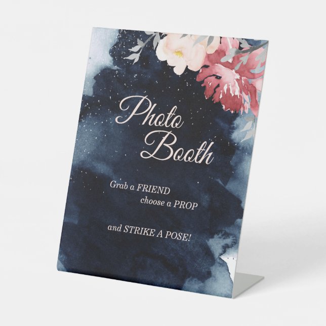 Starry Night Floral Wedding Photo Booth Pedestal Sign (Front)