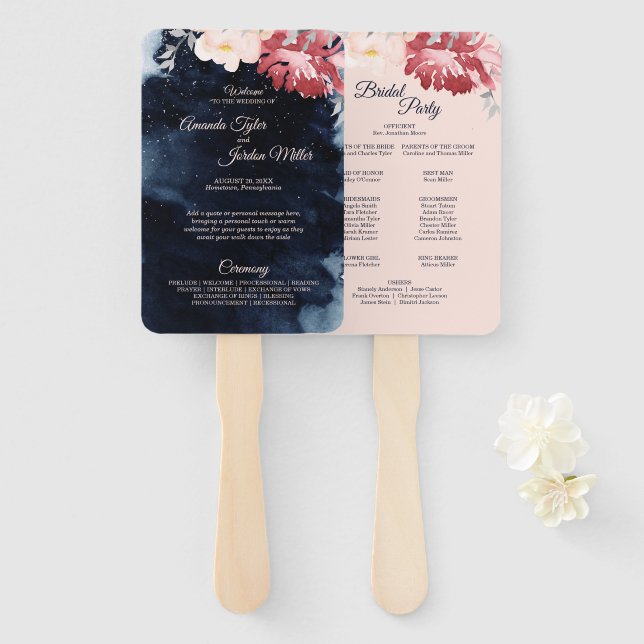 Starry Night Floral Wedding Program Hand Fan (Front and Back)