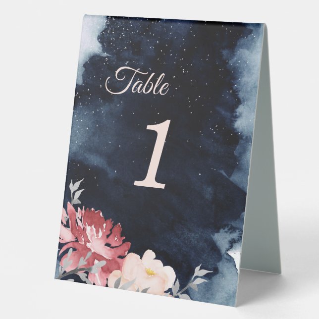 Starry Night Floral Wedding Table Number Tent Sign (Front)