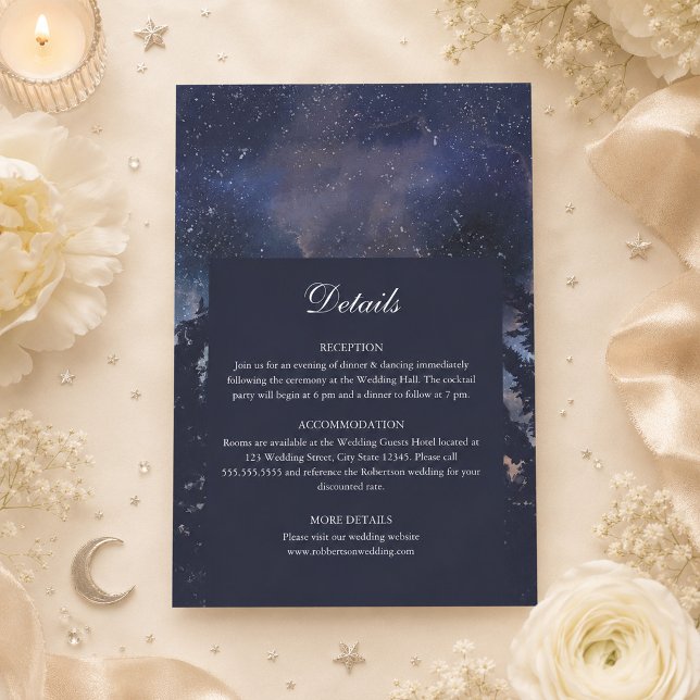 Starry Night Forest Celestial Wedding Details Card (Starry Night Forest Celestial Wedding Details Card on a table with flowers and celestial decor)