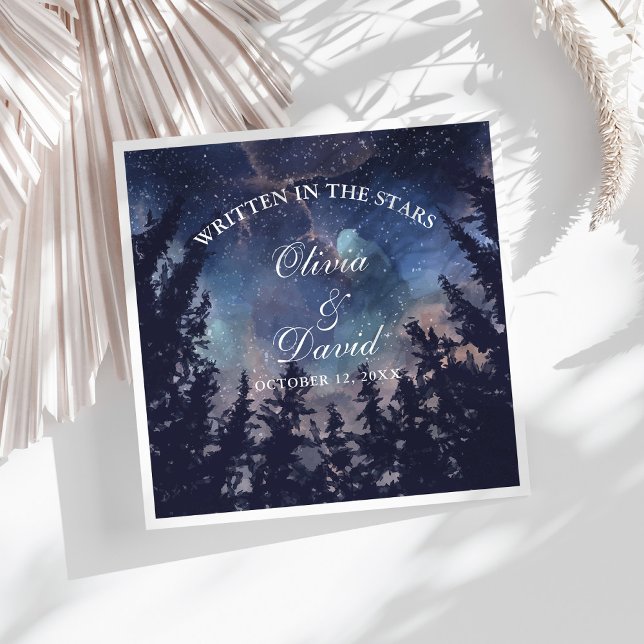 Starry Night Forest Celestial Wedding Napkins (Starry Night Forest Wedding Paper Dinner Napkins on a sunny white table.)