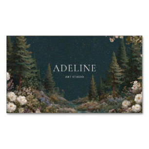Starry Night Forest Gold Frame Cream Floral Pine Magnetic Business Card