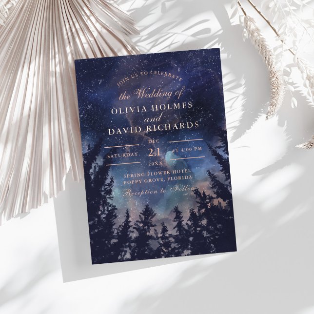 Starry Night Forest Wedding Rose Gold (Starry Night Forest Wedding Rose Gold Foil Invitation on a sunny table.)