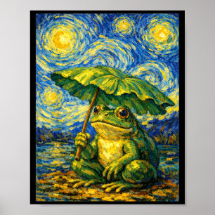 Starry night frog umbrella van gogh style funny poster