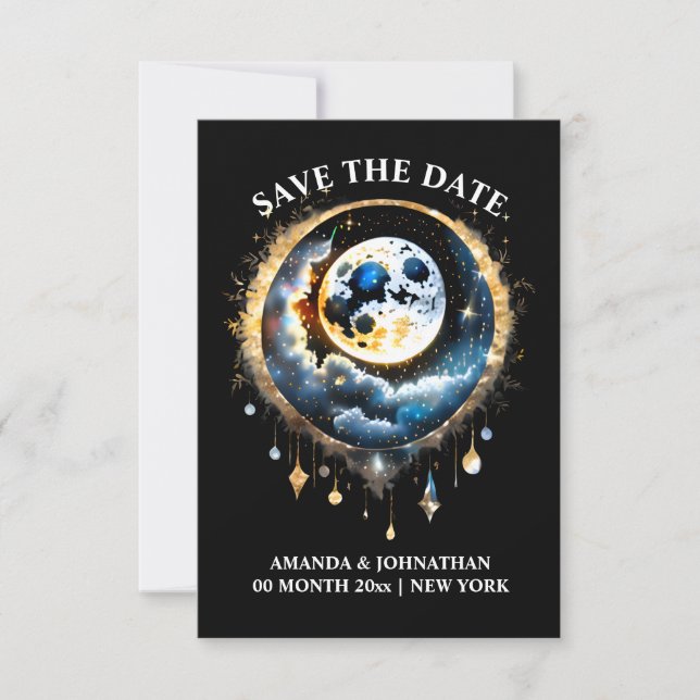 Starry night full moon celestial sky blue gold save the date (Front)