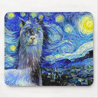 Starry Night Funny Alpaca Landscape Parody Mouse Mat
