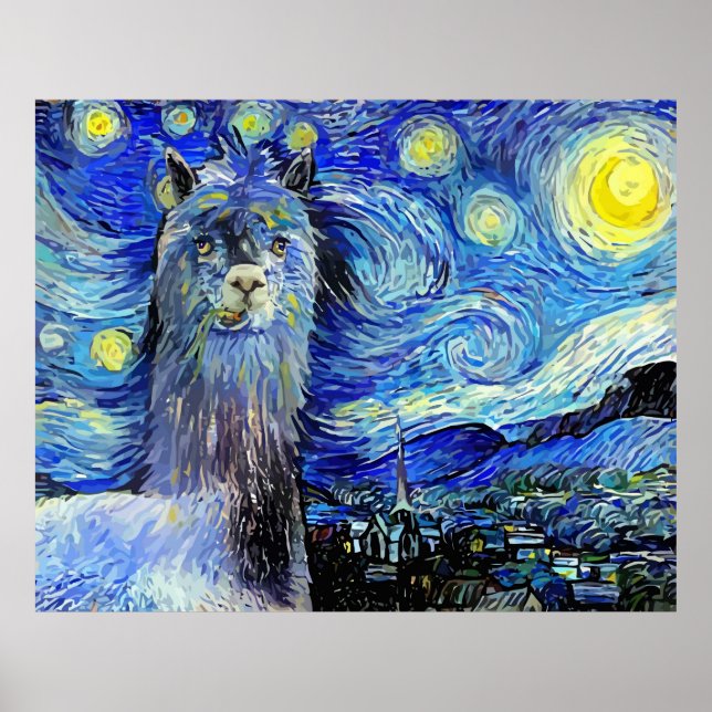 Starry Night Funny Alpaca Landscape Parody Poster (Front)