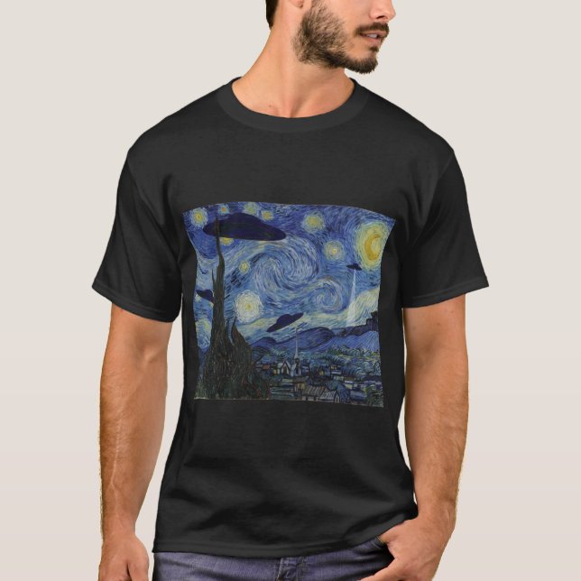 Starry Night Funny Van Gogh Painting UFO Alien Abd T-Shirt (Front)