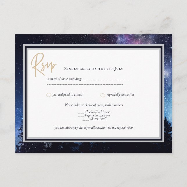 Starry Night Galaxy Wedding RSVP Navy Gold Postcar Postcard (Front)