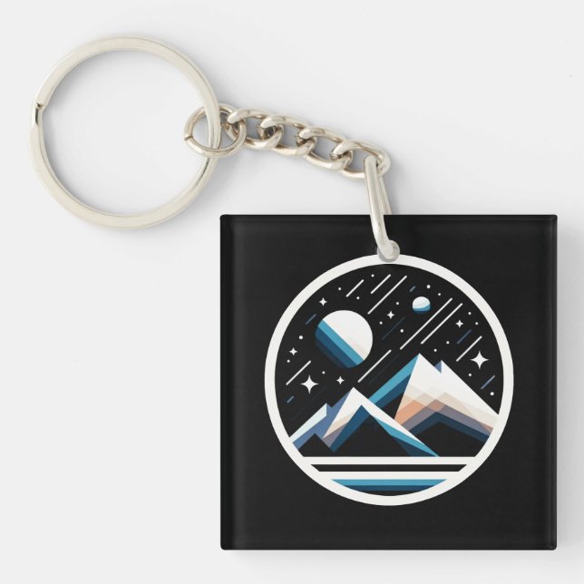 Starry Night Geometric Mountains Contemporary Art Key Ring (Front)
