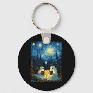 Starry Night Ghost Book Reading Camping Halloween Key Ring