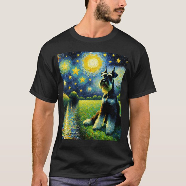 Starry Night Giant Schnauzer Dog Van Gogh Lover T-Shirt (Front)