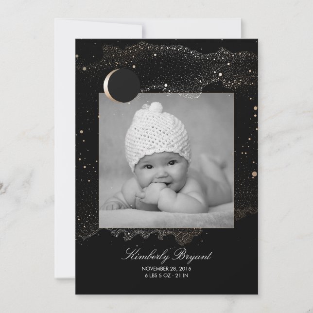 Starry Night Gold Stars Newborn Baby Photo Birth Announcement (Front)