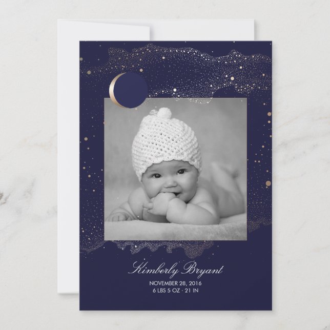 Starry Night Gold Stars Newborn Baby Photo Birth Announcement (Front)