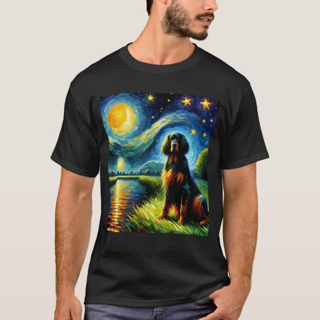 Starry Night Gordon Setter Dog Van Gogh Lover T-Shirt (Front)