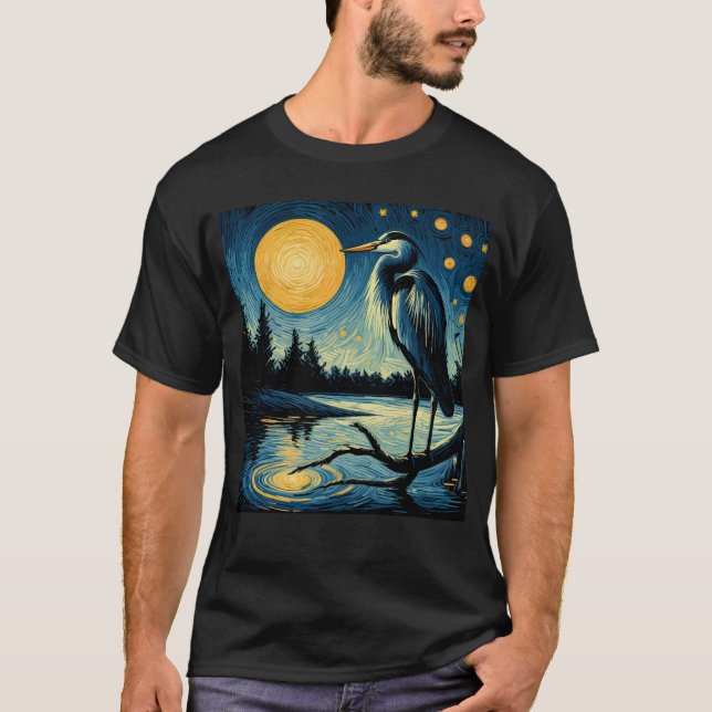 Starry Night Great Blue Heron Van Gogh Bird Lover T-Shirt (Front)