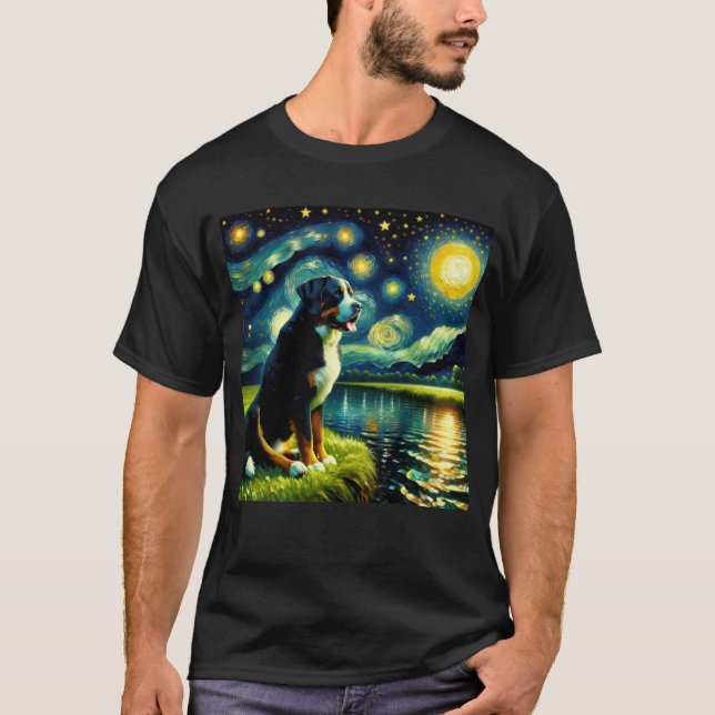 Starry Night Greater Swiss Mountain Dog Van Gogh T-Shirt (Front)