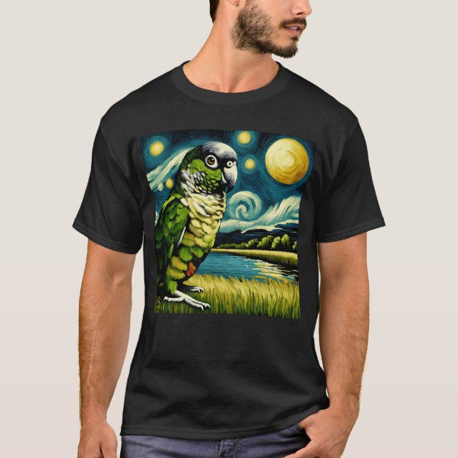 Starry Night Green Cheek Conure Parrot Van Gogh T-Shirt (Front)