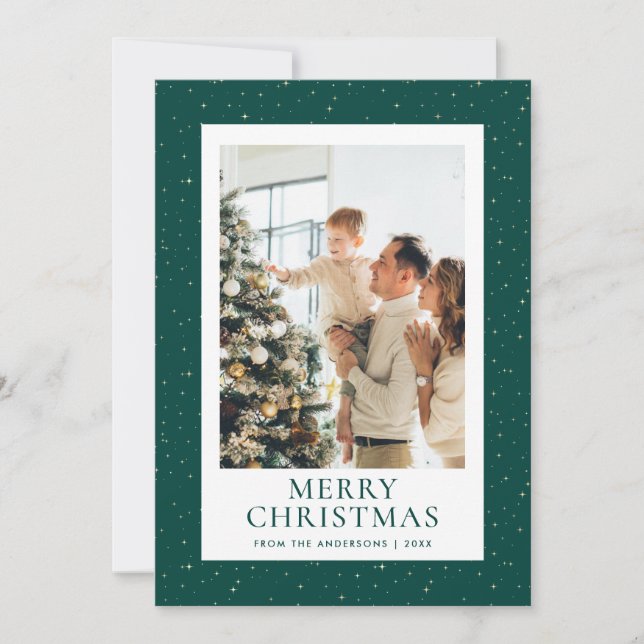 Starry Night Green Photo Merry Christmas Holiday Card (Front)