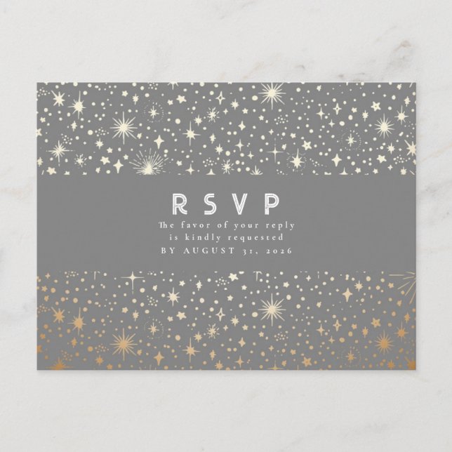 Starry Night Grey and Gold Wedding RSVP Postcard (Front)