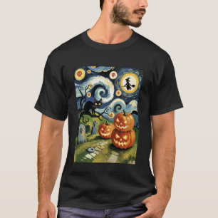 Starry Night Halloween Black Cat Funny Costume Art T-Shirt