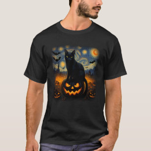 Starry Night Halloween Black Cat Sitting On A Jack T-Shirt