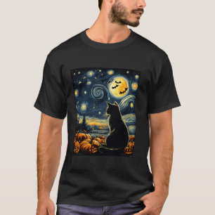 Starry Night Halloween Costume Black Cat Pumpkins  T-Shirt
