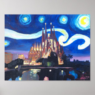 Starry Night in Barcelona  with Sagrada Familia Poster