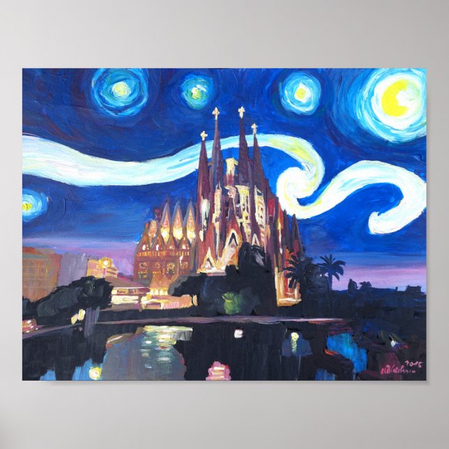 Starry Night in Barcelona  with Sagrada Familia Poster (Front)