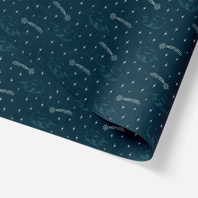 Starry Night in Blue Christmas Stars Tissue Paper (shooting stars and clouds in geometric illustration tissue paper navy blue background)