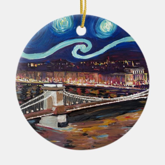 Starry Night in Budapest Hungary with Parliament Ceramic Tree Decoration (Front)