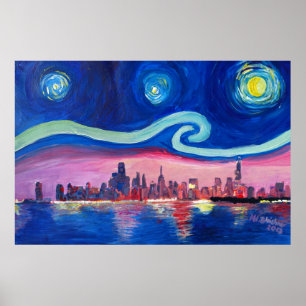 Starry Night in Chicago Illinois with Lake Michiga Poster