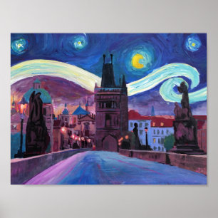 Starry Night in Prague on Charles Bridge Poster