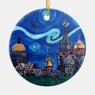 Starry Night in St Petersburg Russia Ceramic Tree Decoration