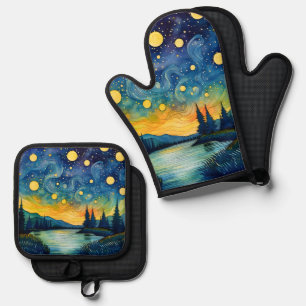 Starry Night-Inspired 2 Oven Mitt & Pot Holder Set