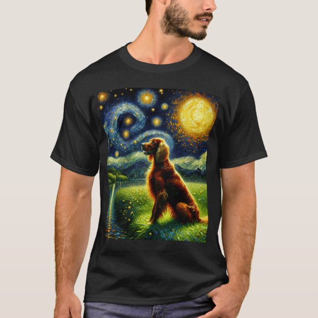 Starry Night Irish Setter Dog Van Gogh Lover T-Shirt (Front)