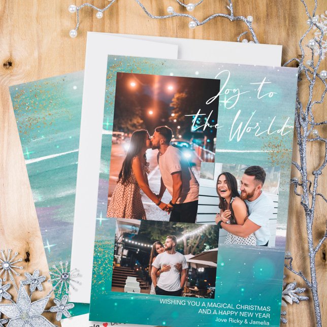 Starry Night Joy to the World 3 Photo Green Holiday Card (Creator Uploaded)