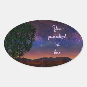 Starry Night Landscape - with customisable text - Oval Sticker