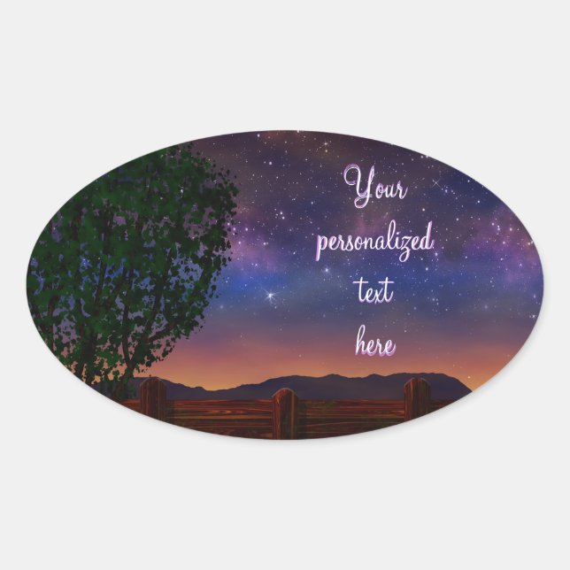 Starry Night Landscape - with customisable text - Oval Sticker (Front)
