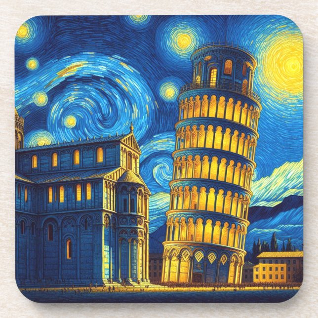 Starry Night Leaning Tower Of Pisa Italy Coaster (Front)
