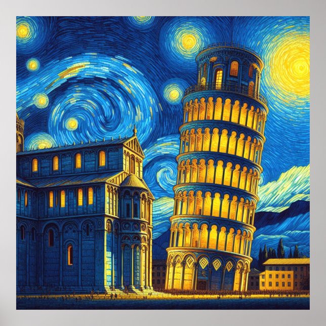 Starry Night Leaning Tower Of Pisa Italy Poster (Front)
