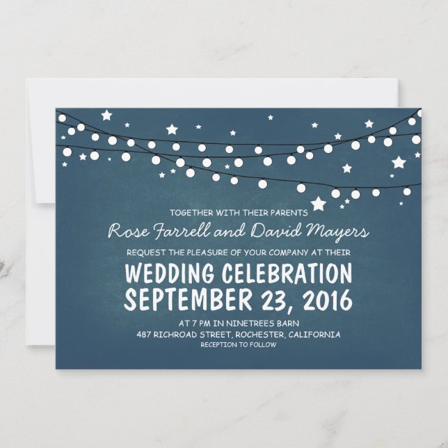 Starry Night Lights Blue Rustic Wedding Invites (Front)