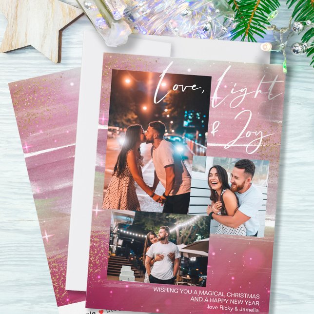 Starry Night Love Light and Joy 3 Photo Red Holiday Card (Creator Uploaded)