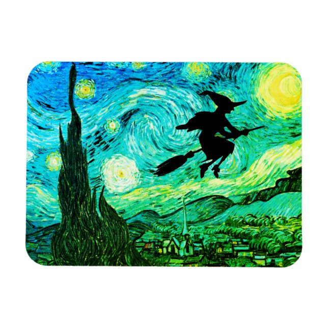 Starry Night Moon Flying Witch Silhouette Magnet (Horizontal)
