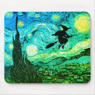 Starry Night Moon Flying Witch Silhouette Mouse Mat