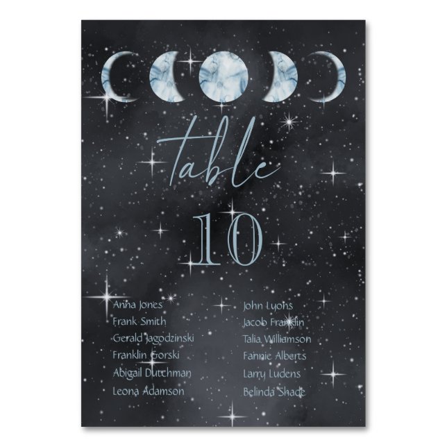 Starry Night Moon Phases Celestial Wedding Table Number (Front)
