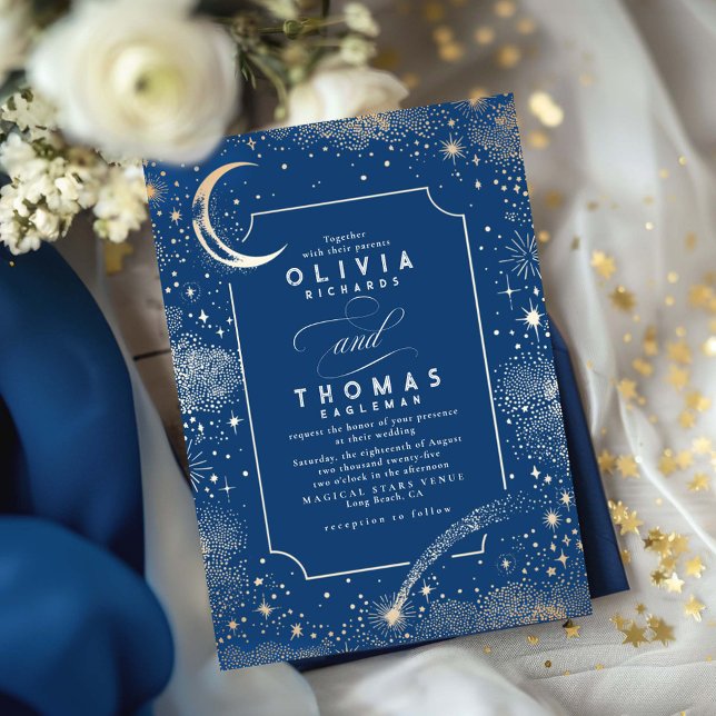 Starry Night Moon Shooting Star Celestial Wedding Invitation (Celestial Wedding Invitation Navy Blue and Gold Stars)
