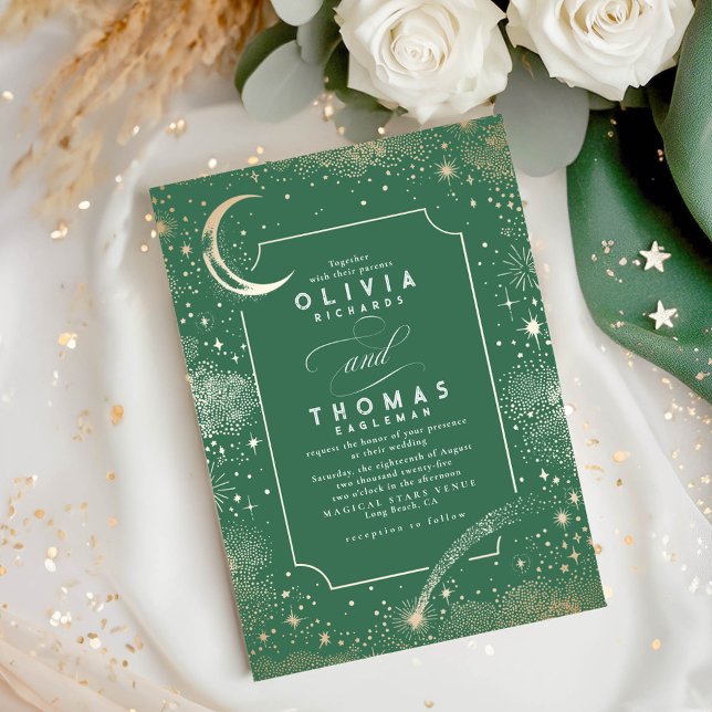 Starry Night Moon Shooting Star Celestial Wedding Invitation (Celestial Sage Green Wedding Invitation)