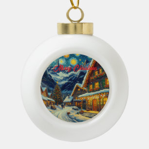 Starry Night Mountain Village Christmas Ceramic Ball Christmas Ornament